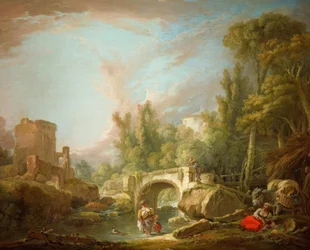 Flusslandschaft mit Ruine und Brücke